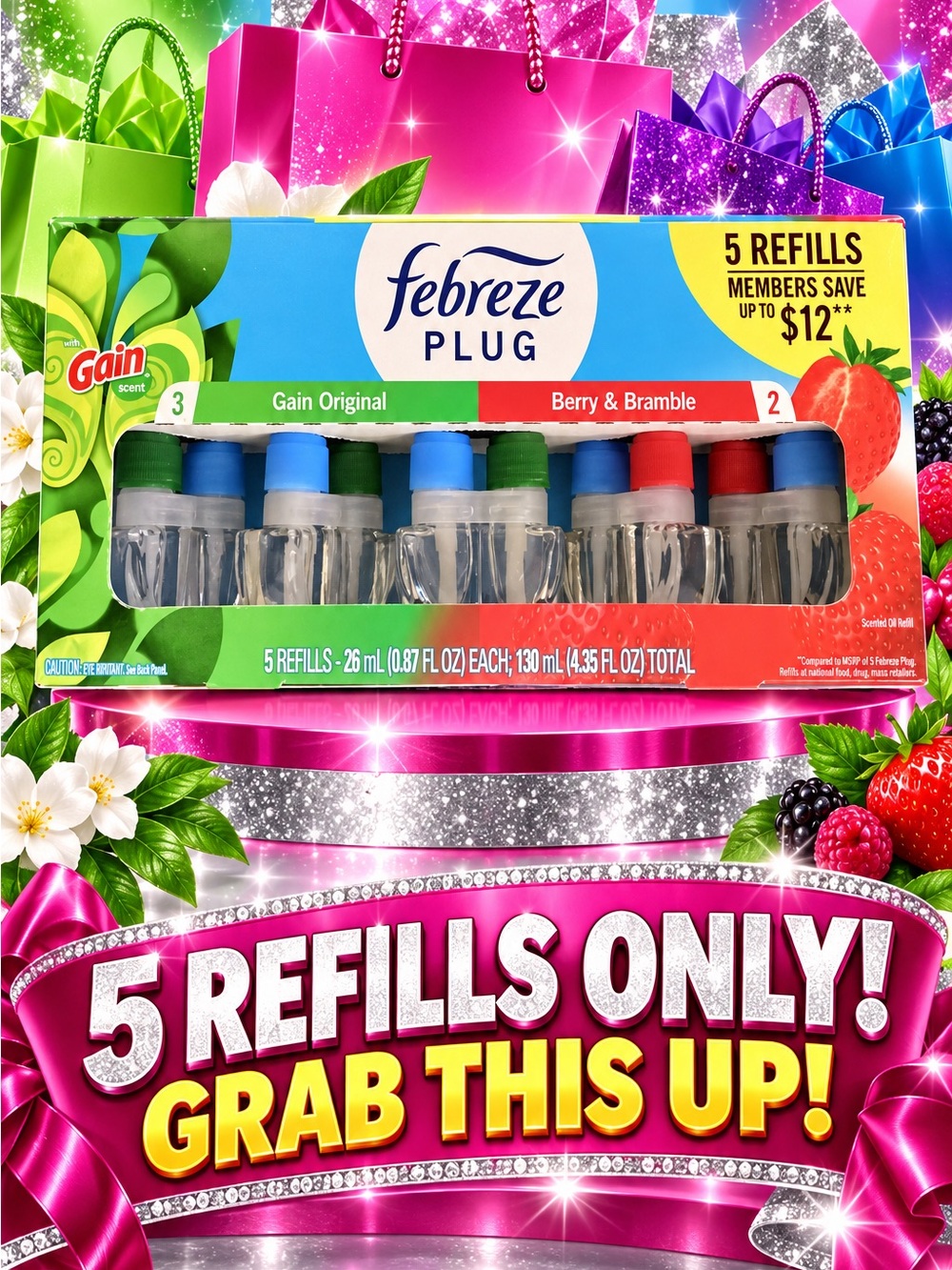 Febreze Plug Refill Pack with Green, Blue & Red Caps